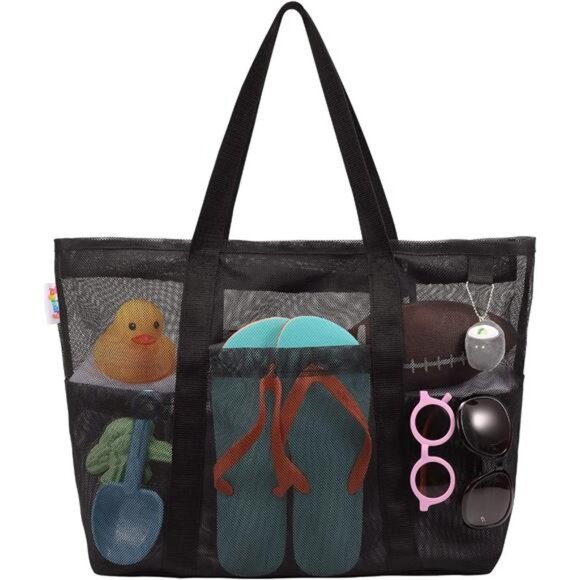 Mesh Beach Bag with Zipper Large Beach Tote Waterproof Sandproof with 8 Pockets - Picture 1 of 7
